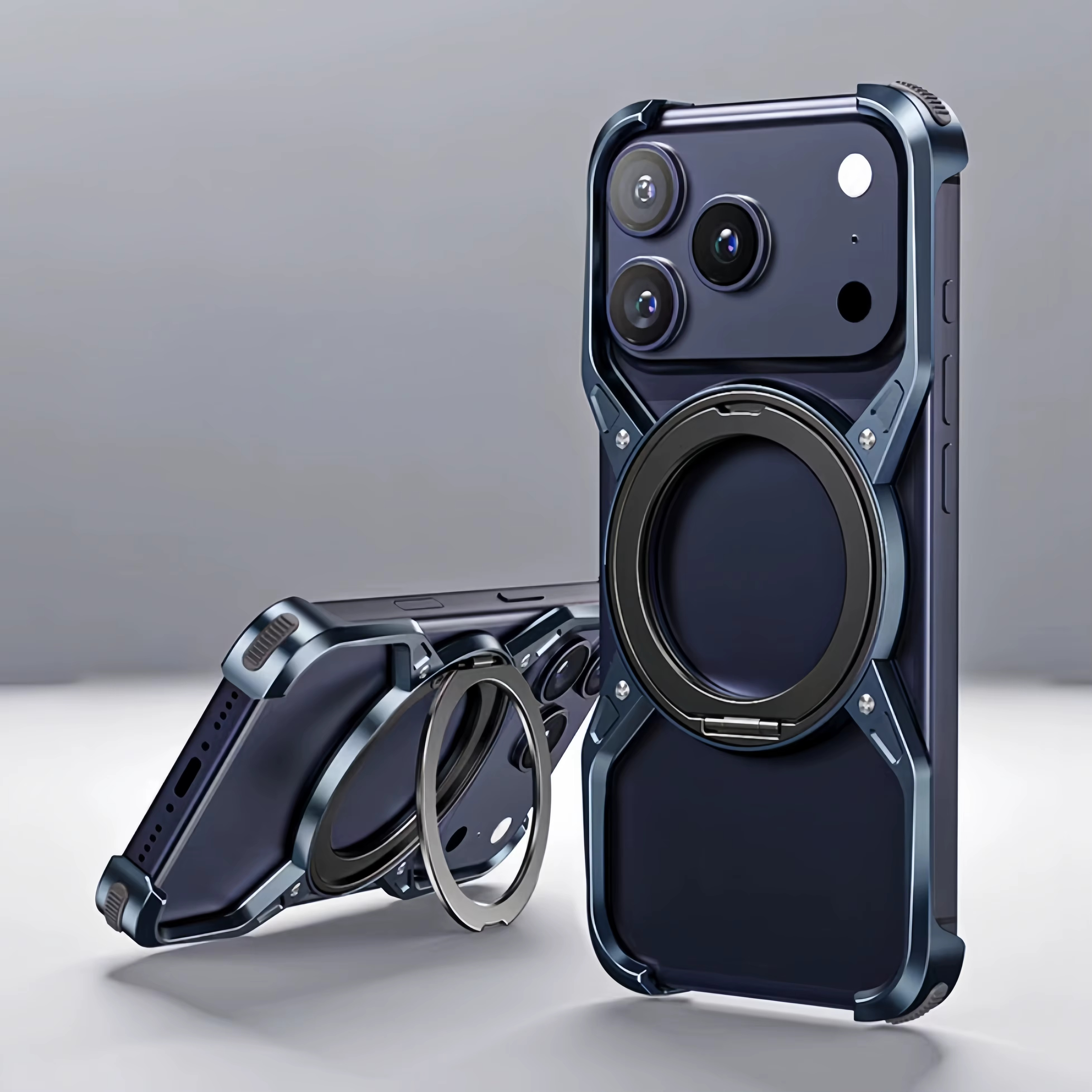 Premium iPhone Case MagSafe Compatible Magnetic Bumper Aluminum Alloy Frame 360° Rotating Ring Stand Shockproof Edge Protection Camera Lens Guard Slim Design