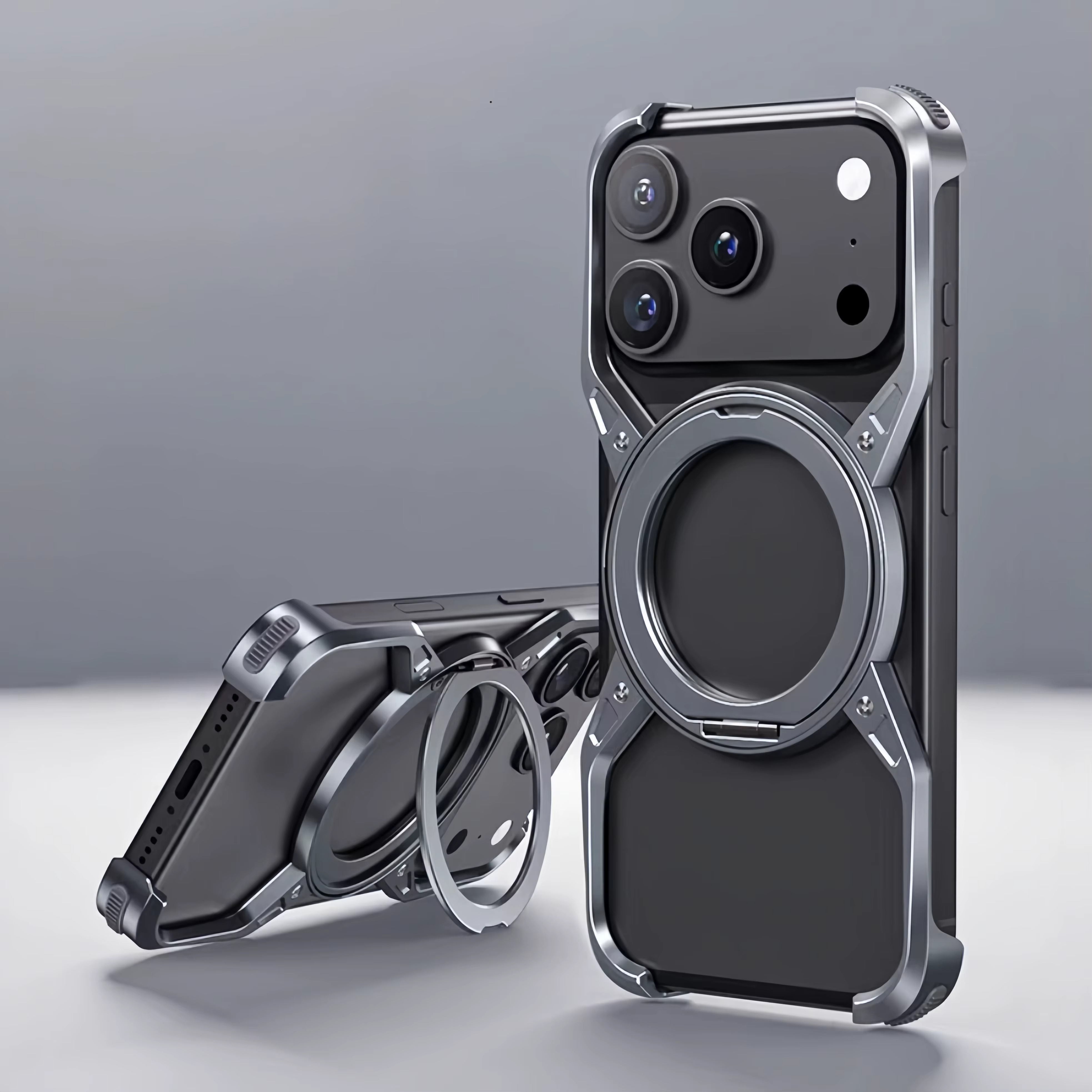 Premium iPhone Case MagSafe Compatible Magnetic Bumper Aluminum Alloy Frame 360° Rotating Ring Stand Shockproof Edge Protection Camera Lens Guard Slim Design