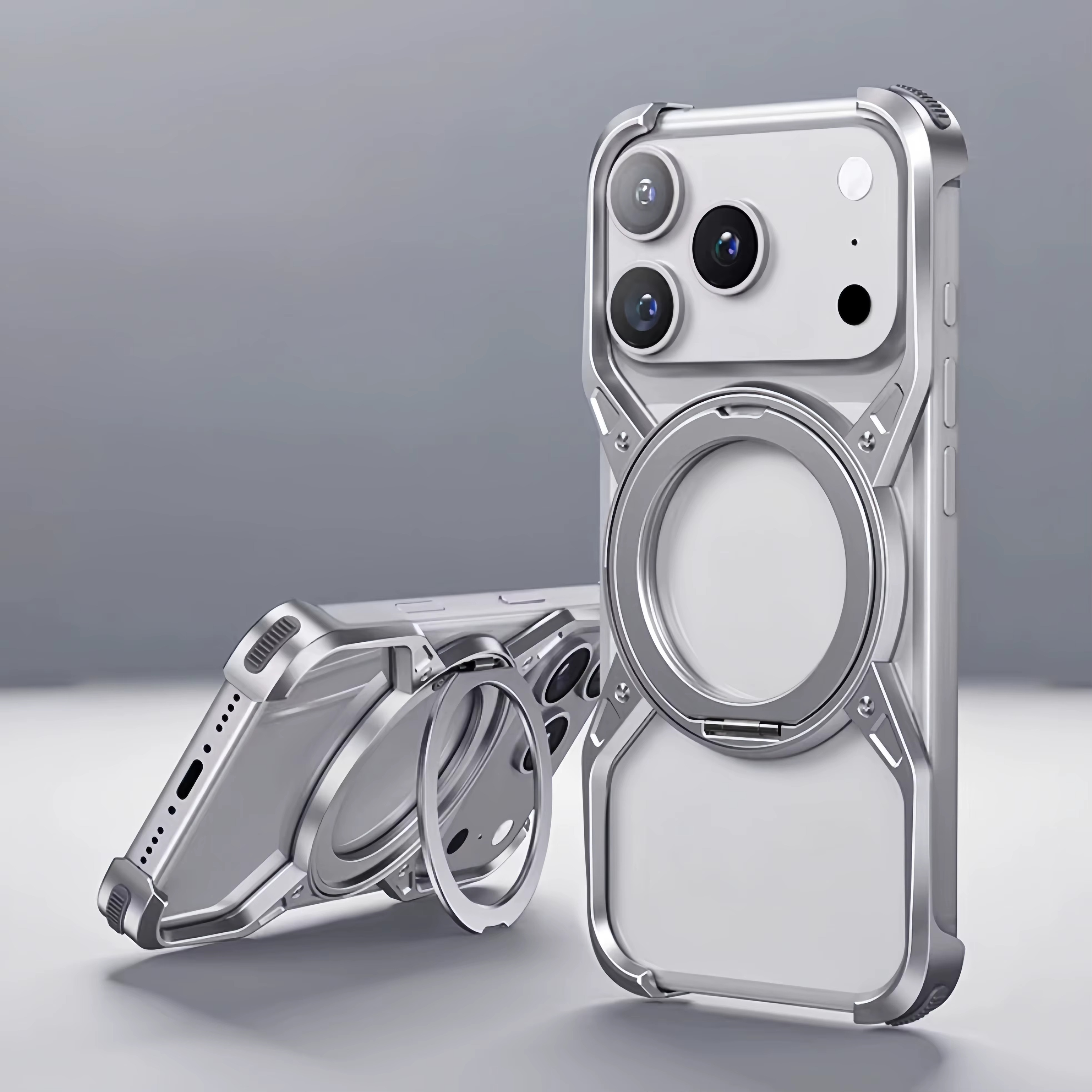 Premium iPhone Case MagSafe Compatible Magnetic Bumper Aluminum Alloy Frame 360° Rotating Ring Stand Shockproof Edge Protection Camera Lens Guard Slim Design