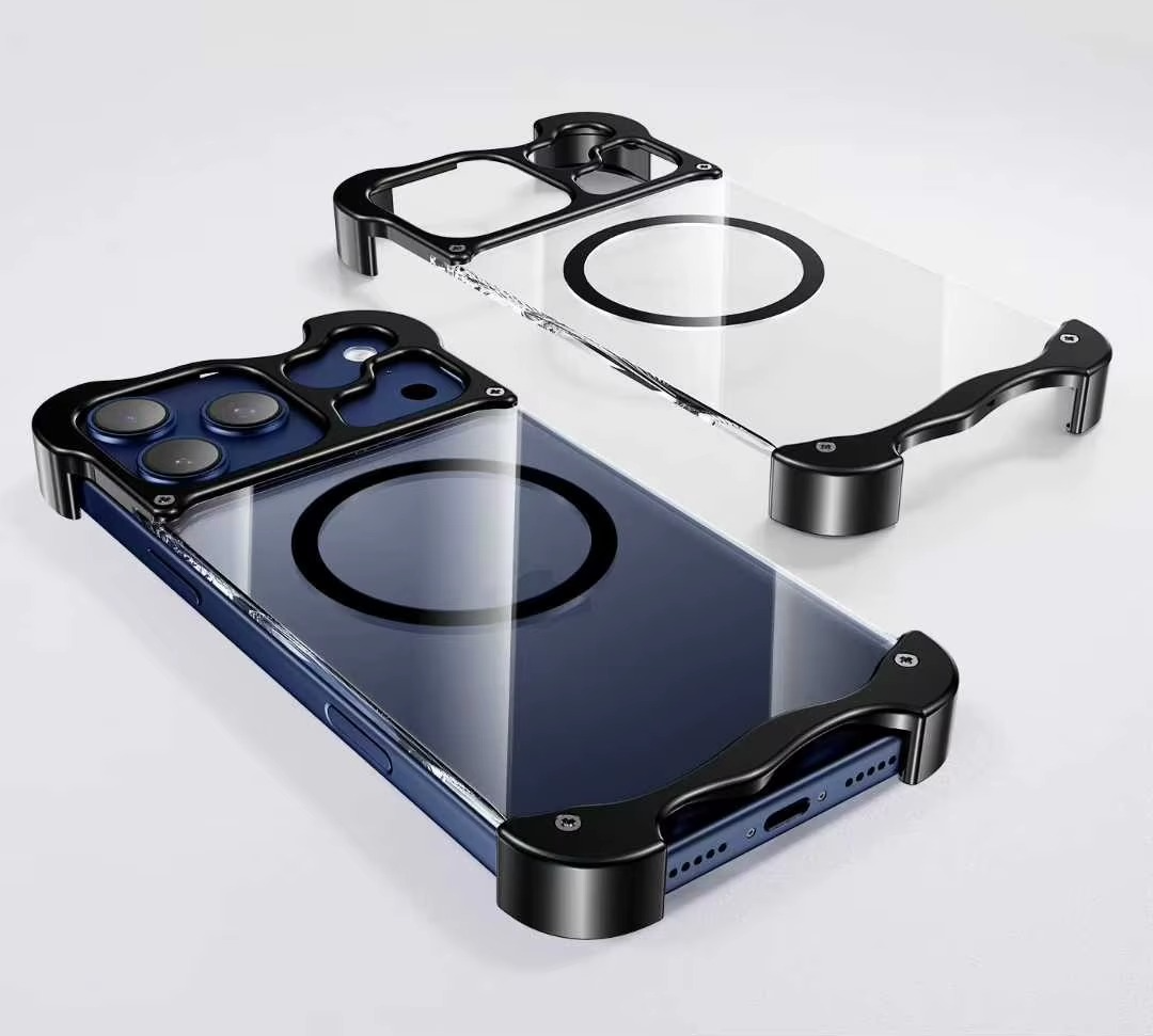 Premium iPhone Case MagSafe Compatible Magnetic Bumper Aluminum Corner Protection Transparent Back Shockproof Metal Pads Camera Lens Guard Slim Frameless Design