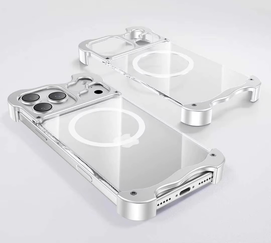 Premium iPhone Case MagSafe Compatible Magnetic Bumper Aluminum Corner Protection Transparent Back Shockproof Metal Pads Camera Lens Guard Slim Frameless Design