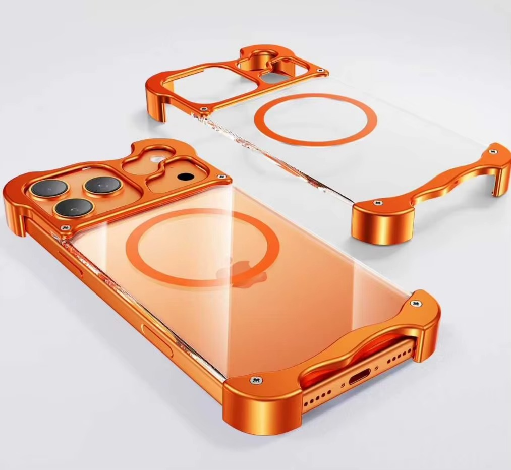 Premium iPhone Case MagSafe Compatible Magnetic Bumper Aluminum Corner Protection Transparent Back Shockproof Metal Pads Camera Lens Guard Slim Frameless Design