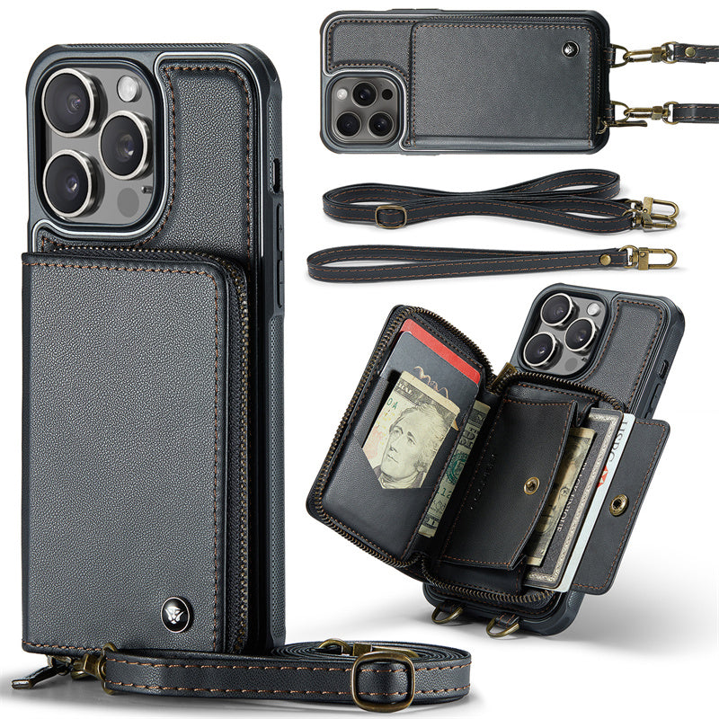 Premium iPhone Case MagSafe Compatible Magnetic Crossbody Wallet Cover PU Leather Card Holder Strap Stand Shockproof Full Protection Slim Design