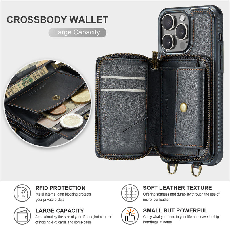 Premium iPhone Case MagSafe Compatible Magnetic Crossbody Wallet Cover PU Leather Card Holder Strap Stand Shockproof Full Protection Slim Design
