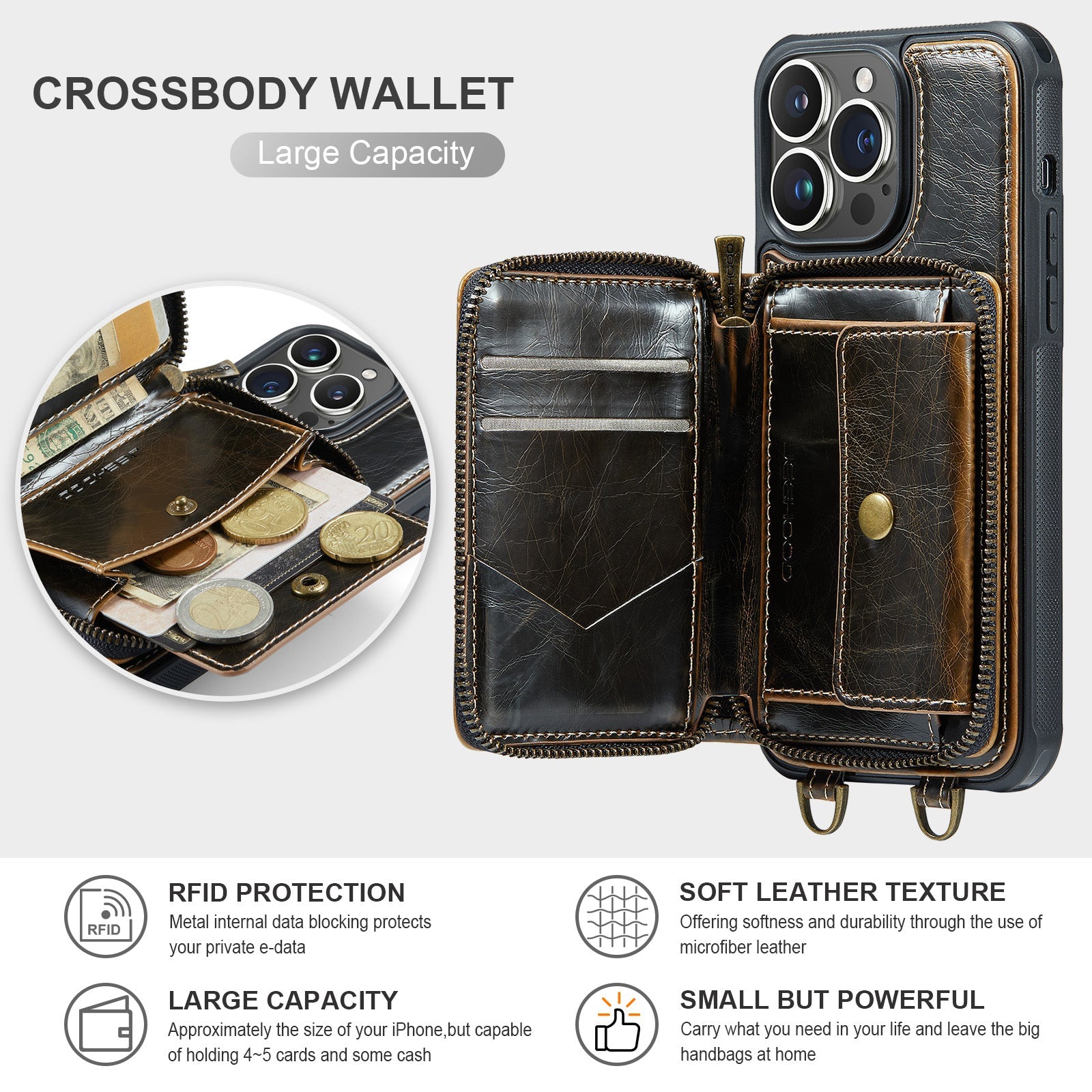 Premium iPhone Case MagSafe Compatible Magnetic Crossbody Wallet Cover PU Leather Card Holder Strap Stand Shockproof Full Protection Slim Design