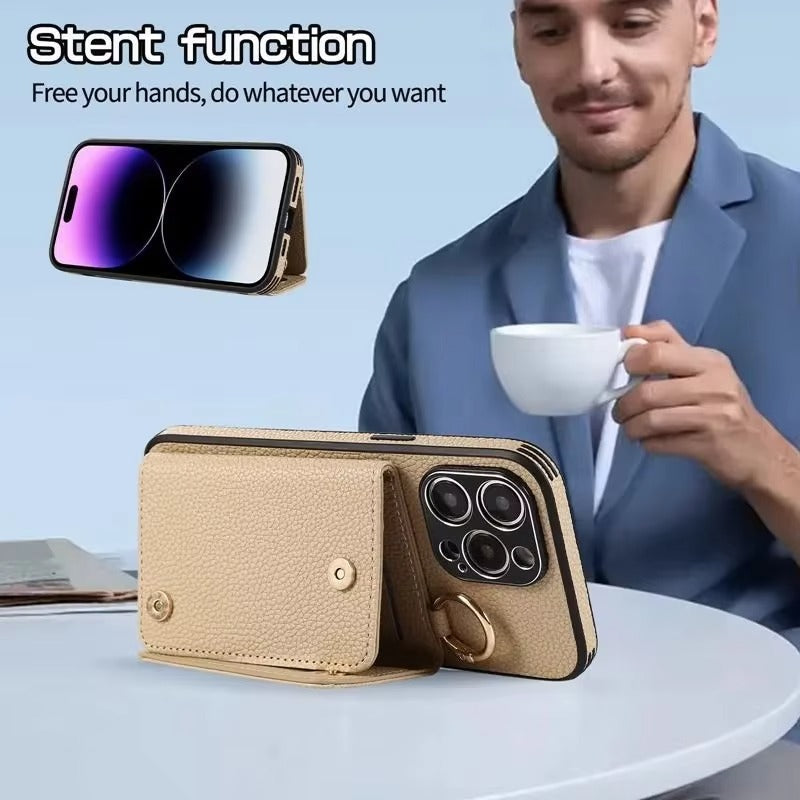Premium iPhone Case MagSafe Compatible Magnetic Crossbody Wallet Cover PU Leather Card Slots Finger Ring Buckle Strap Shockproof Full Protection Slim Design