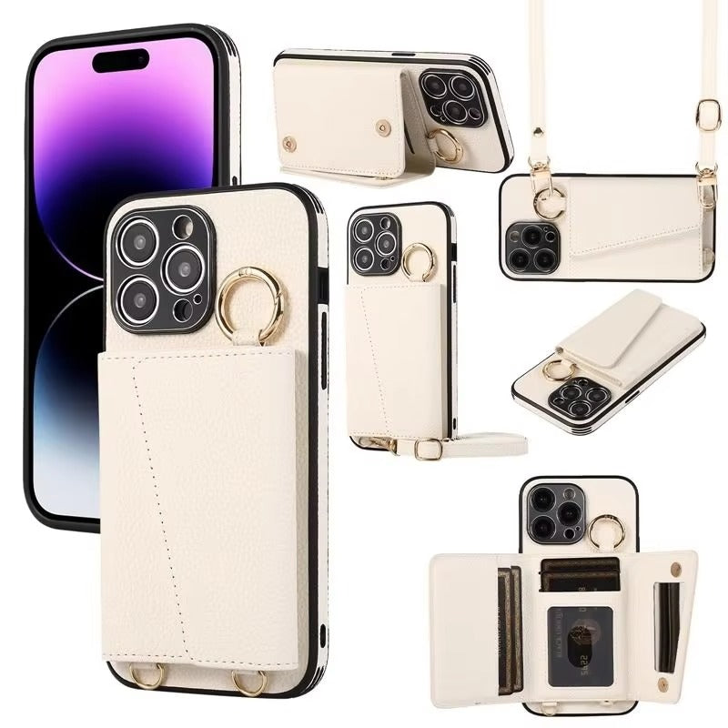Premium iPhone Case MagSafe Compatible Magnetic Crossbody Wallet Cover PU Leather Card Slots Finger Ring Buckle Strap Shockproof Full Protection Slim Design