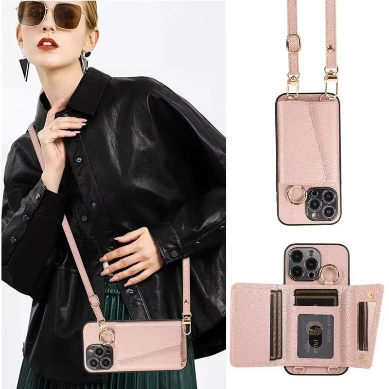 Premium iPhone Case MagSafe Compatible Magnetic Crossbody Wallet Cover PU Leather Card Slots Finger Ring Buckle Strap Shockproof Full Protection Slim Design