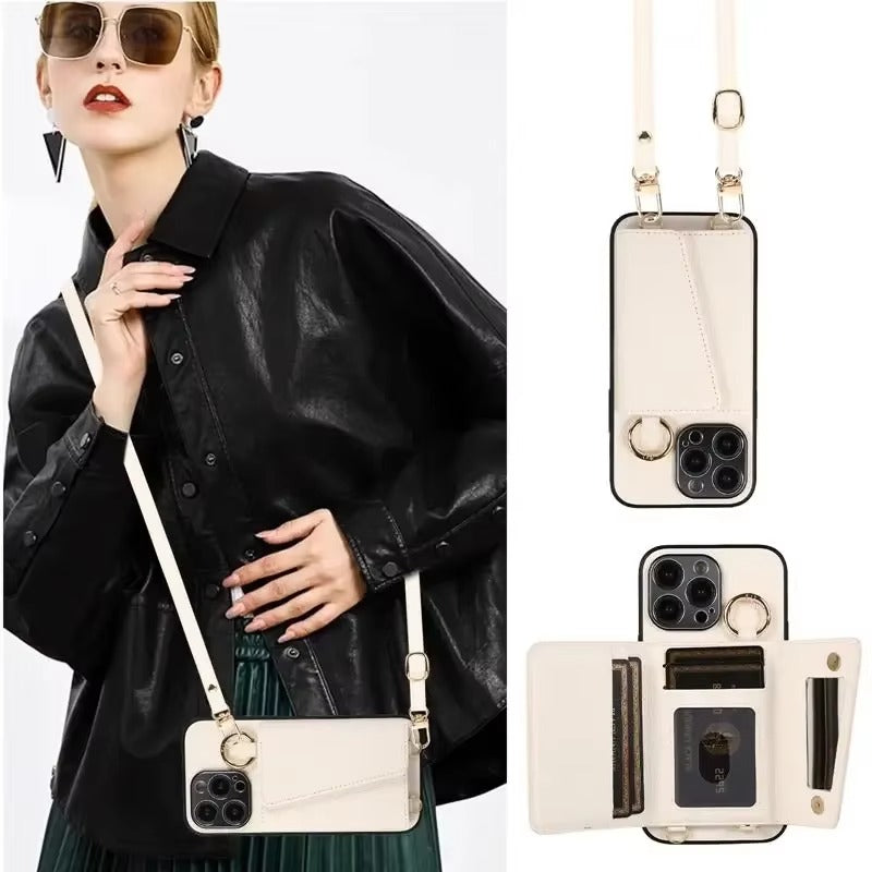 Premium iPhone Case MagSafe Compatible Magnetic Crossbody Wallet Cover PU Leather Card Slots Finger Ring Buckle Strap Shockproof Full Protection Slim Design