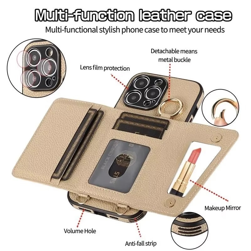 Premium iPhone Case MagSafe Compatible Magnetic Crossbody Wallet Cover PU Leather Card Slots Finger Ring Buckle Strap Shockproof Full Protection Slim Design