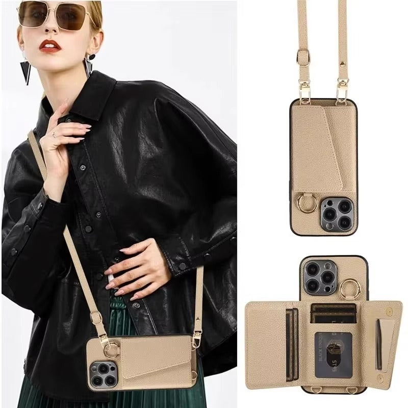 Premium iPhone Case MagSafe Compatible Magnetic Crossbody Wallet Cover PU Leather Card Slots Finger Ring Buckle Strap Shockproof Full Protection Slim Design