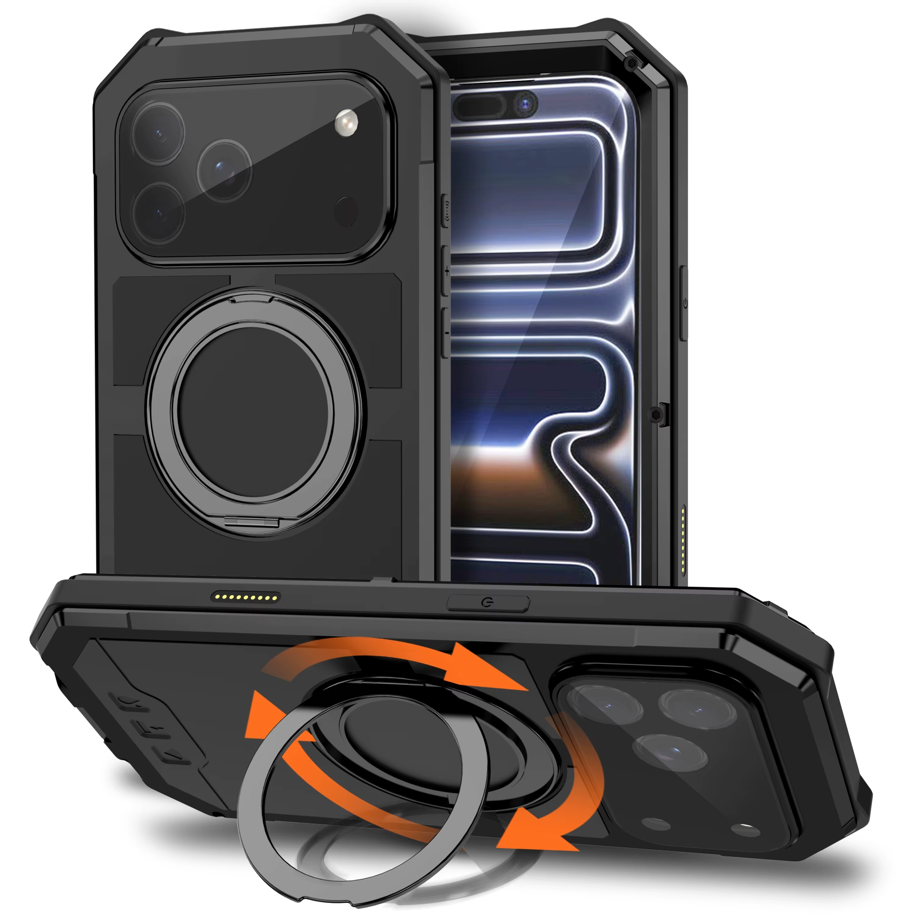 Premium iPhone Case MagSafe Compatible Magnetic Protective Cover Aluminum Armor Frame Built-in Kickstand Glass Screen Protector Shockproof Bumper Full Protection