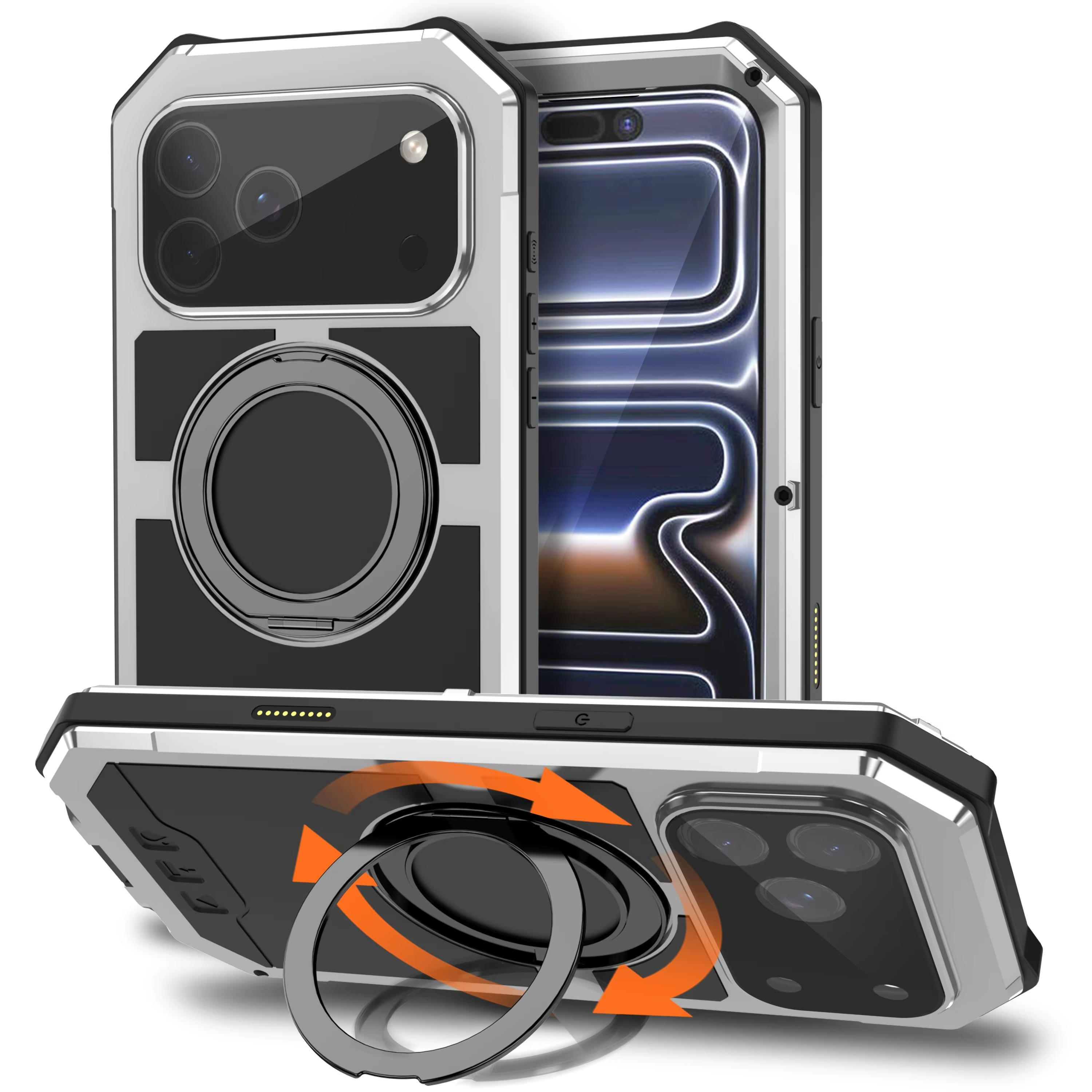 Premium iPhone Case MagSafe Compatible Magnetic Protective Cover Aluminum Armor Frame Built-in Kickstand Glass Screen Protector Shockproof Bumper Full Protection