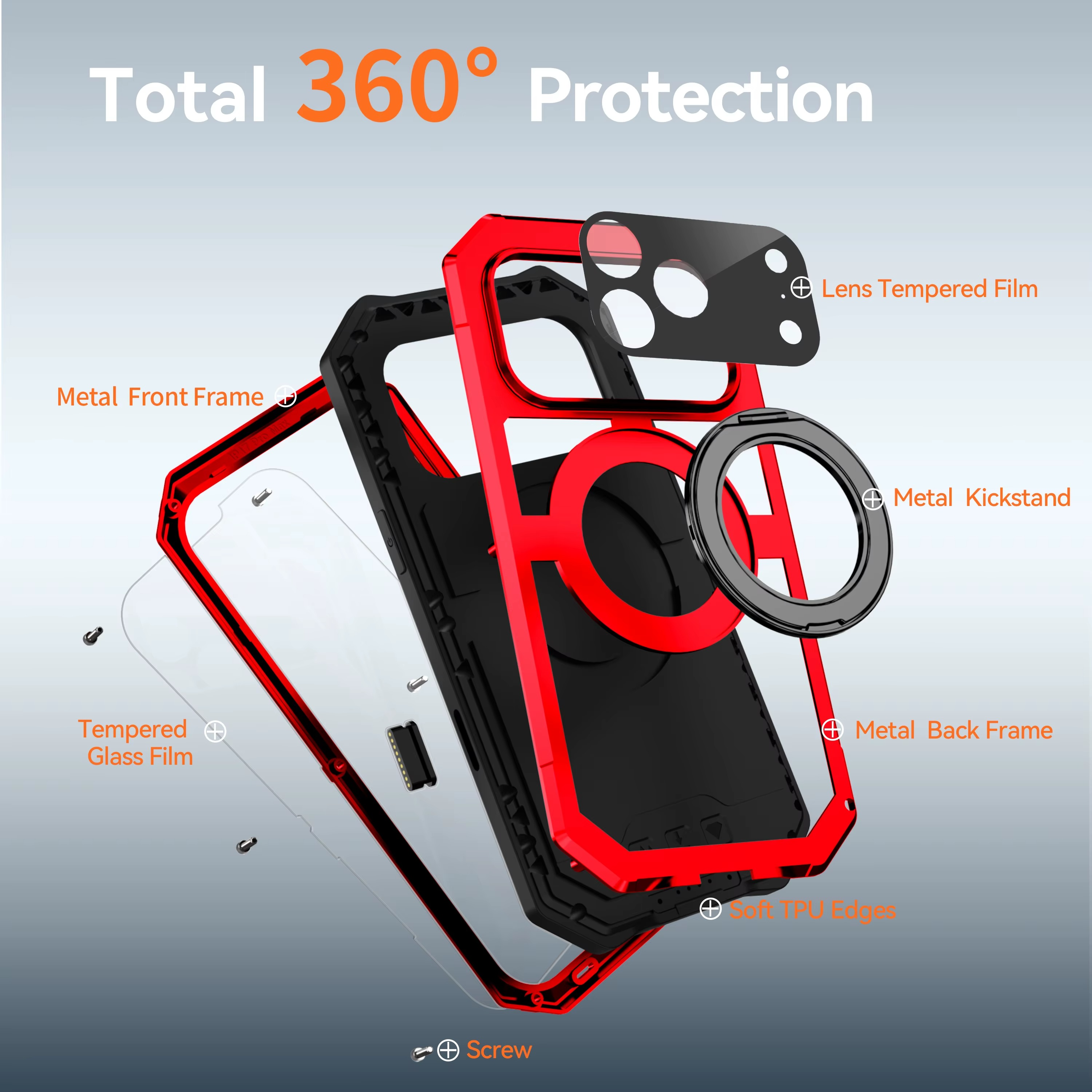 Premium iPhone Case MagSafe Compatible Magnetic Protective Cover Aluminum Armor Frame Built-in Kickstand Glass Screen Protector Shockproof Bumper Full Protection