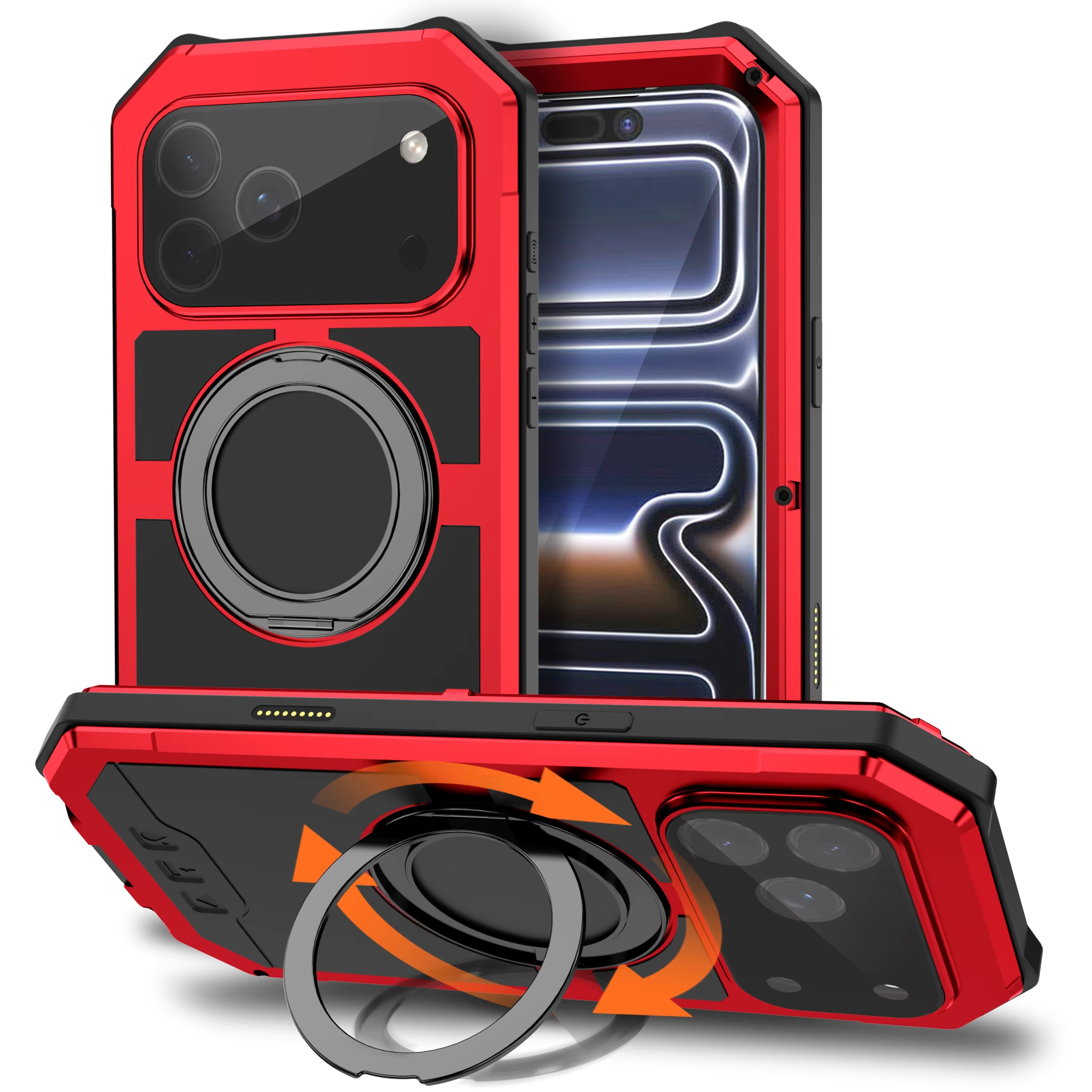 Premium iPhone Case MagSafe Compatible Magnetic Protective Cover Aluminum Armor Frame Built-in Kickstand Glass Screen Protector Shockproof Bumper Full Protection