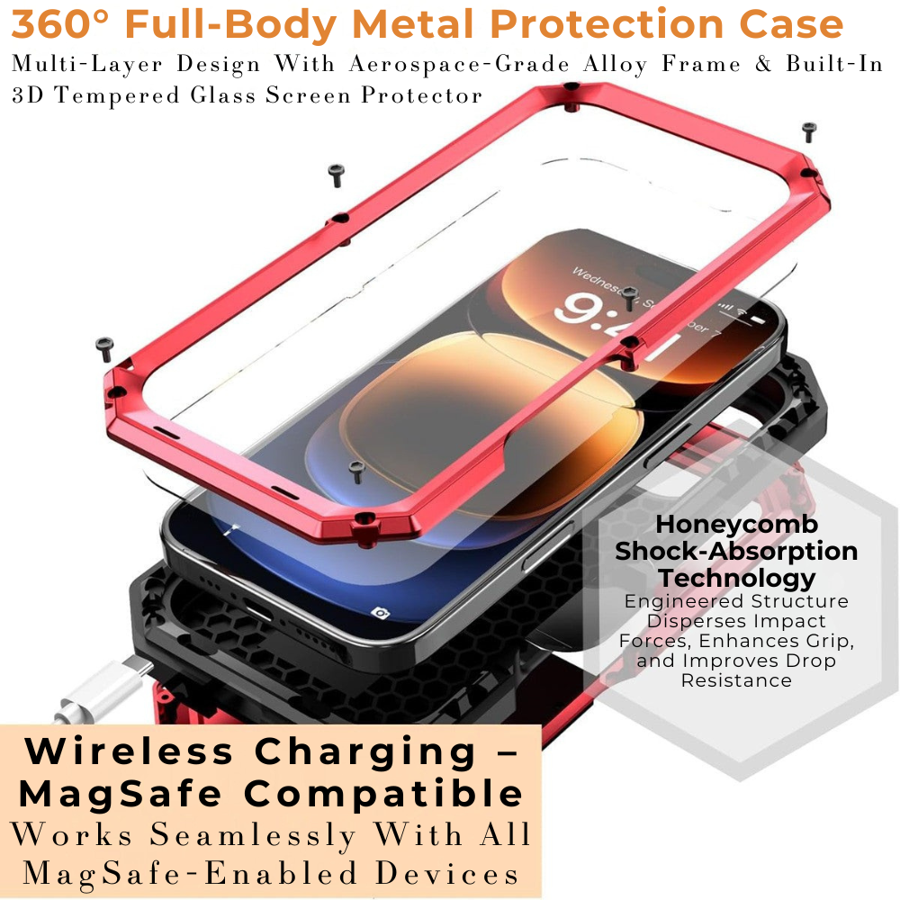 Premium iPhone Case MagSafe Compatible Magnetic Protective Cover Military Heavy Duty Metal Armor Full Body Hybrid Design Slide Camera Cover Tempered Glass Screen Shockproof Waterproof Rugged Design