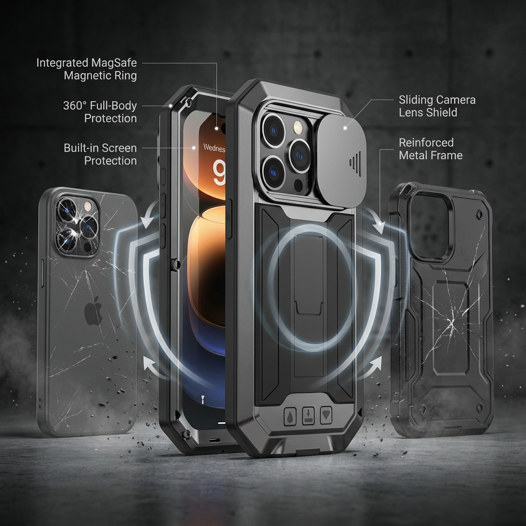Premium iPhone Case MagSafe Compatible Magnetic Protective Cover Military Heavy Duty Metal Armor Full Body Hybrid Design Slide Camera Cover Tempered Glass Screen Shockproof Waterproof Rugged Design