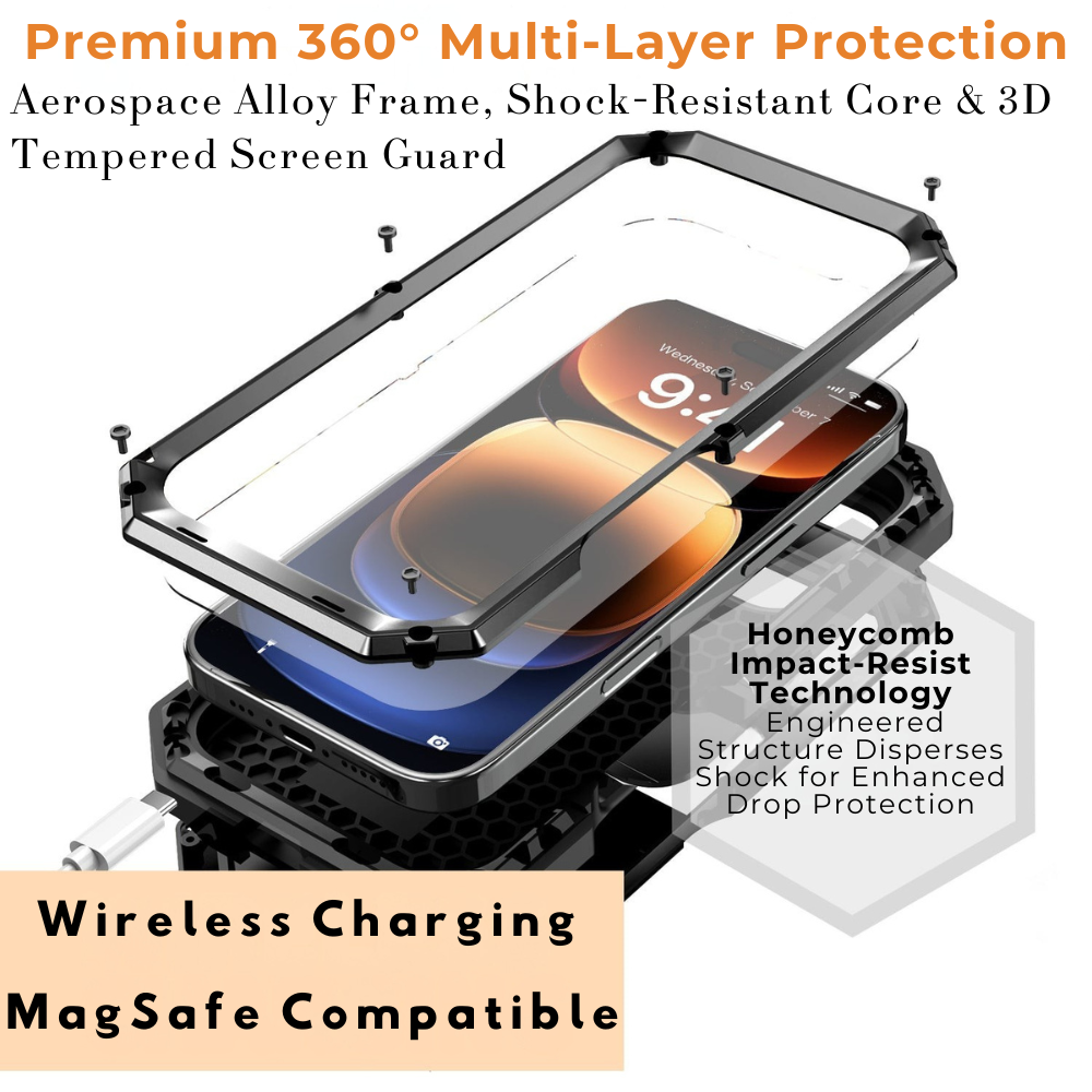 Premium iPhone Case MagSafe Compatible Magnetic Protective Cover Military Heavy Duty Metal Armor Full Body Hybrid Design Slide Camera Cover Tempered Glass Screen Shockproof Waterproof Rugged Design
