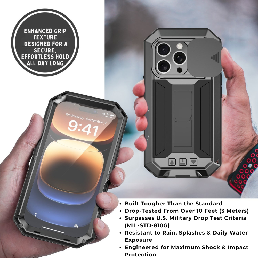 Premium iPhone Case MagSafe Compatible Magnetic Protective Cover Military Heavy Duty Metal Armor Full Body Hybrid Design Slide Camera Cover Tempered Glass Screen Shockproof Waterproof Rugged Design