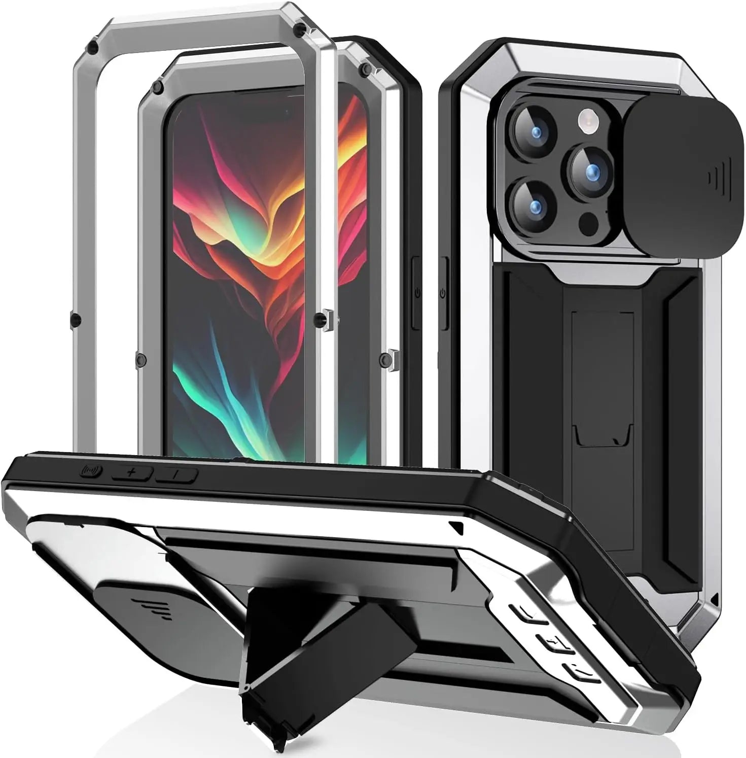 Premium iPhone Case MagSafe Compatible Magnetic Protective Cover Military Heavy Duty Metal Armor Full Body Hybrid Design Slide Camera Cover Tempered Glass Screen Shockproof Waterproof Rugged Design