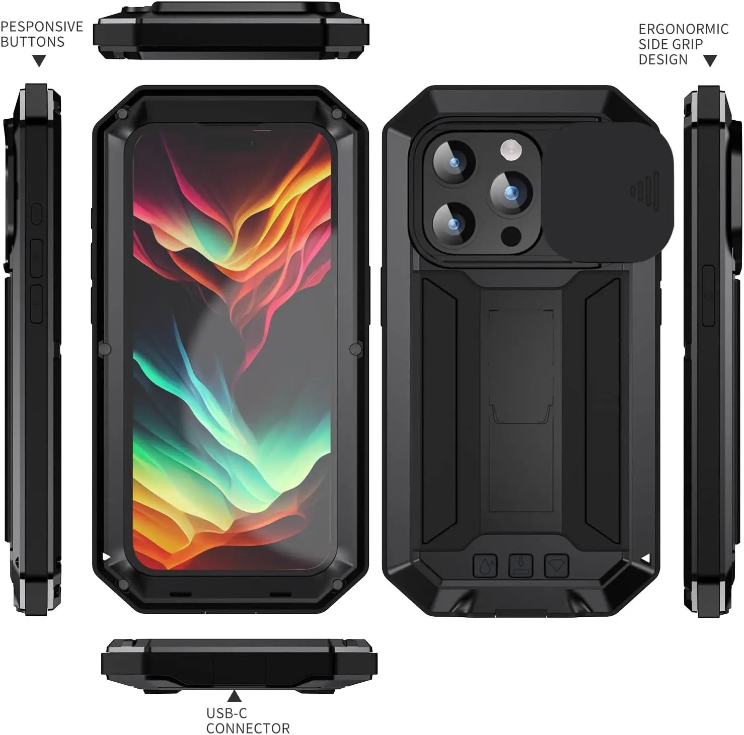 Premium iPhone Case MagSafe Compatible Magnetic Protective Cover Military Heavy Duty Metal Armor Full Body Hybrid Design Slide Camera Cover Tempered Glass Screen Shockproof Waterproof Rugged Design