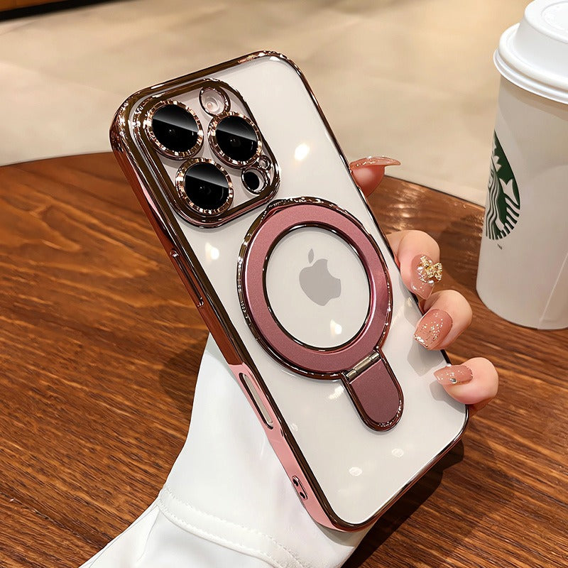 Premium iPhone Case MagSafe Compatible Magnetic Protective Cover Transparent Acrylic Back Plating Frame Built-in Stand Shockproof PC Bumper Slim Design