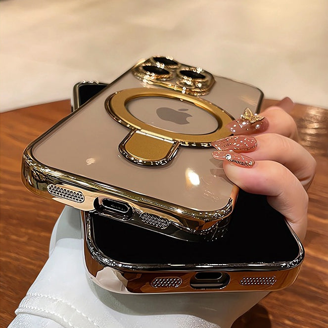 Premium iPhone Case MagSafe Compatible Magnetic Protective Cover Transparent Acrylic Back Plating Frame Built-in Stand Shockproof PC Bumper Slim Design