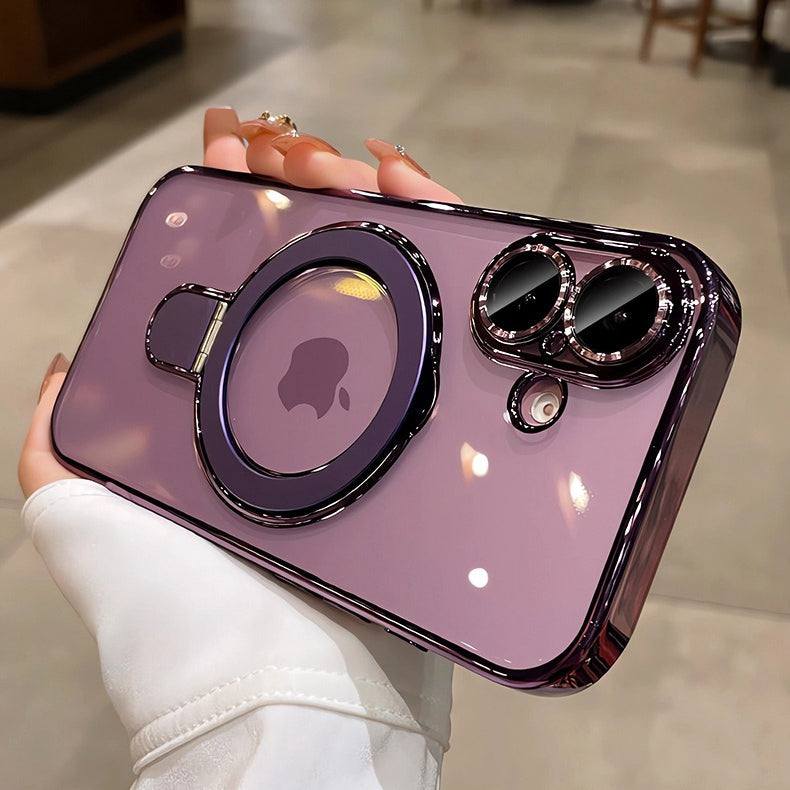 Premium iPhone Case MagSafe Compatible Magnetic Protective Cover Transparent Acrylic Back Plating Frame Built-in Stand Shockproof PC Bumper Slim Design