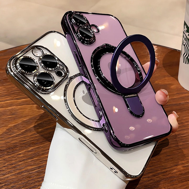 Premium iPhone Case MagSafe Compatible Magnetic Protective Cover Transparent Acrylic Back Plating Frame Built-in Stand Shockproof PC Bumper Slim Design