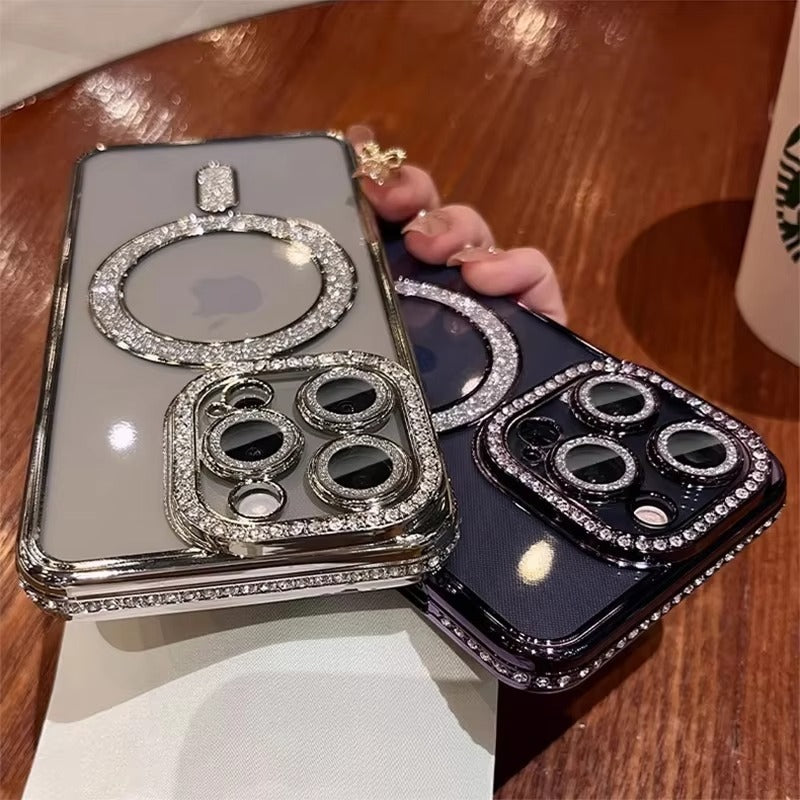 Premium iPhone Case MagSafe Compatible Magnetic Protective Cover Transparent Glitter Diamond Design Shockproof Bumper Camera Lens Protection Ultra Thin Slim