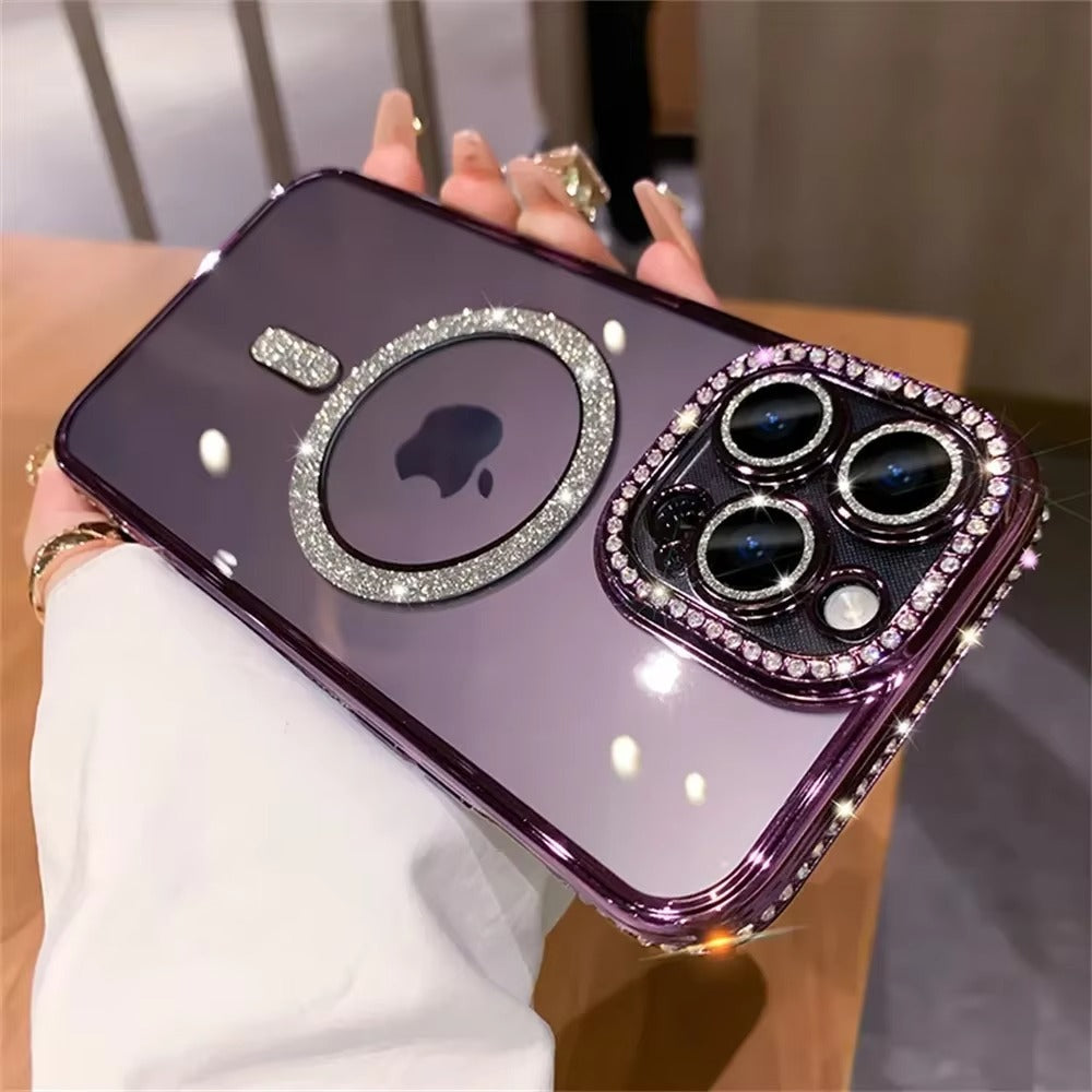 Premium iPhone Case MagSafe Compatible Magnetic Protective Cover Transparent Glitter Diamond Design Shockproof Bumper Camera Lens Protection Ultra Thin Slim
