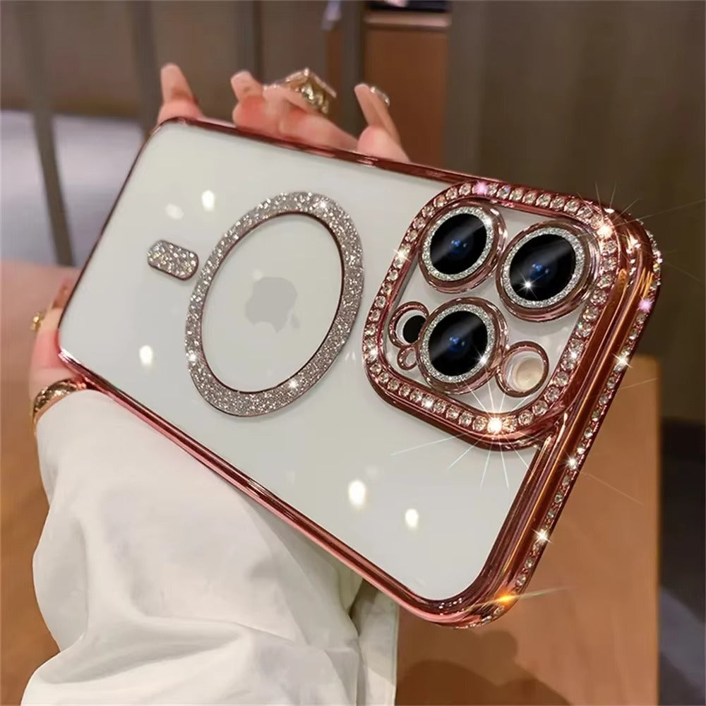 Premium iPhone Case MagSafe Compatible Magnetic Protective Cover Transparent Glitter Diamond Design Shockproof Bumper Camera Lens Protection Ultra Thin Slim