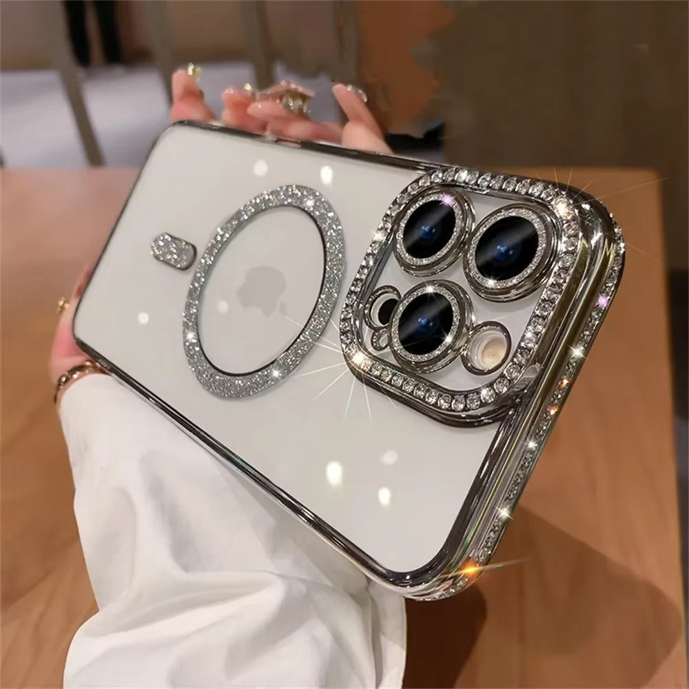 Premium iPhone Case MagSafe Compatible Magnetic Protective Cover Transparent Glitter Diamond Design Shockproof Bumper Camera Lens Protection Ultra Thin Slim