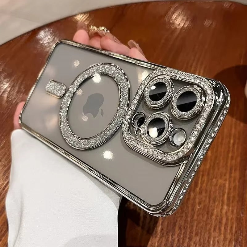 Premium iPhone Case MagSafe Compatible Magnetic Protective Cover Transparent Glitter Diamond Design Shockproof Bumper Camera Lens Protection Ultra Thin Slim