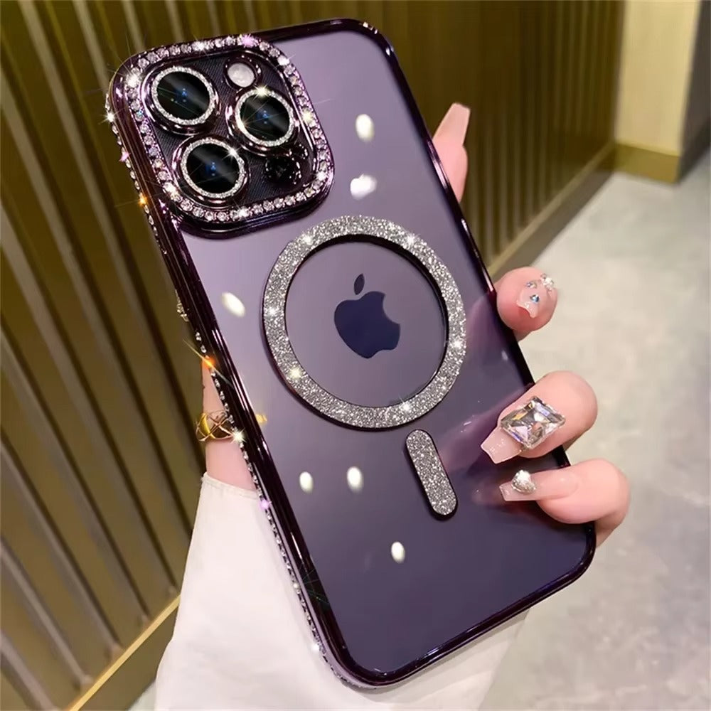Premium iPhone Case MagSafe Compatible Magnetic Protective Cover Transparent Glitter Diamond Design Shockproof Bumper Camera Lens Protection Ultra Thin Slim