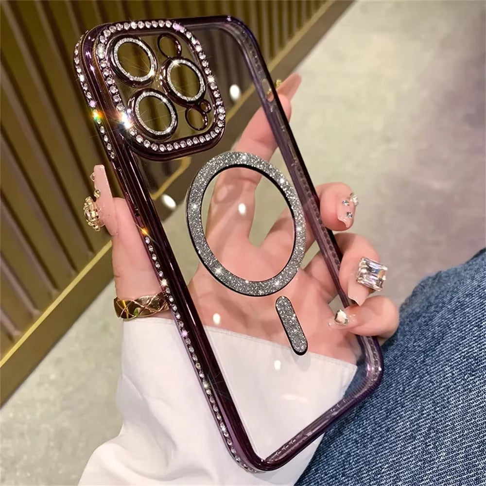 Premium iPhone Case MagSafe Compatible Magnetic Protective Cover Transparent Glitter Diamond Design Shockproof Bumper Camera Lens Protection Ultra Thin Slim