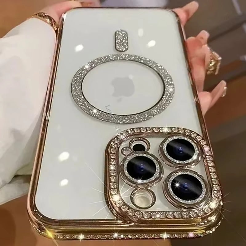 Premium iPhone Case MagSafe Compatible Magnetic Protective Cover Transparent Glitter Diamond Design Shockproof Bumper Camera Lens Protection Ultra Thin Slim