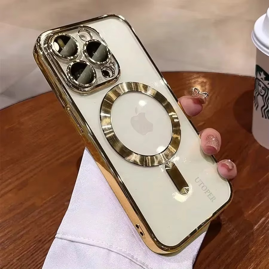 Premium iPhone Case MagSafe Compatible Magnetic Protective Cover Transparent TPU Desert Gold Finish Shockproof Camera Lens Protection Slim Design