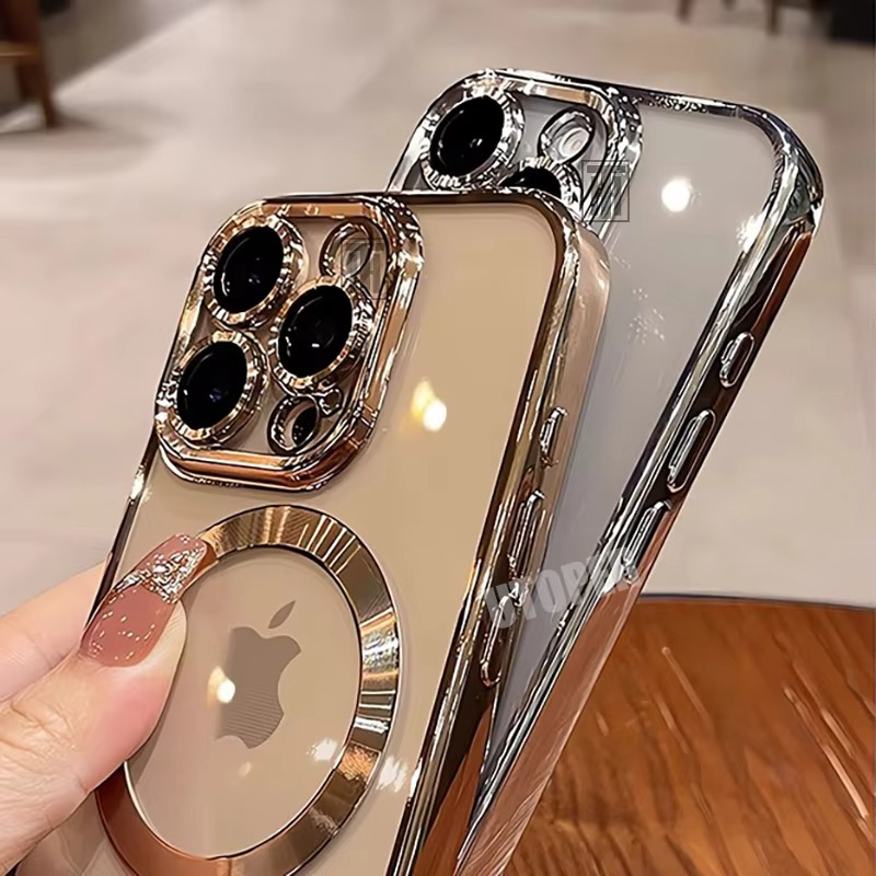 Premium iPhone Case MagSafe Compatible Magnetic Protective Cover Transparent TPU Desert Gold Finish Shockproof Camera Lens Protection Slim Design