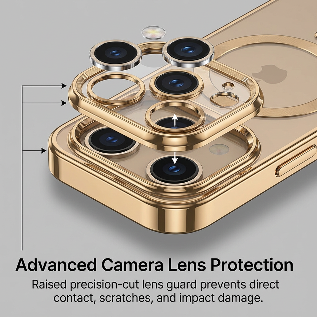 Premium iPhone Case MagSafe Compatible Magnetic Protective Cover Transparent TPU Desert Gold Finish Shockproof Camera Lens Protection Slim Design