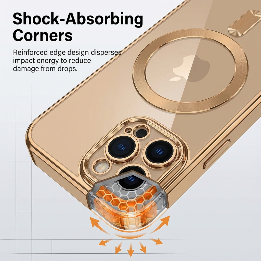Premium iPhone Case MagSafe Compatible Magnetic Protective Cover Transparent TPU Desert Gold Finish Shockproof Camera Lens Protection Slim Design