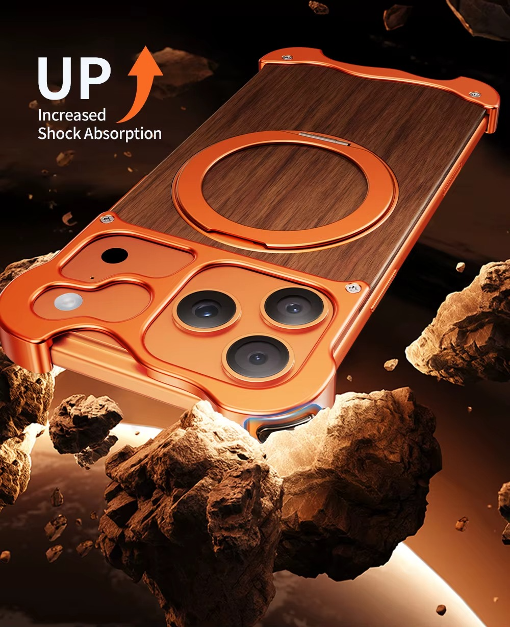 Premium iPhone Case MagSafe Compatible Magnetic Protective Cover Wood Back Aluminum Frame 360° Rotating Ring Stand Shockproof Camera Lens Protection Slim Design