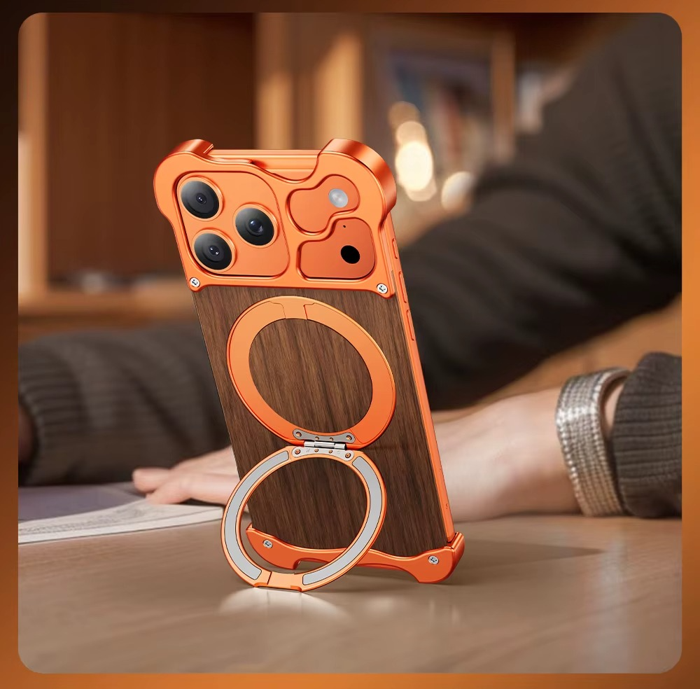 Premium iPhone Case MagSafe Compatible Magnetic Protective Cover Wood Back Aluminum Frame 360° Rotating Ring Stand Shockproof Camera Lens Protection Slim Design