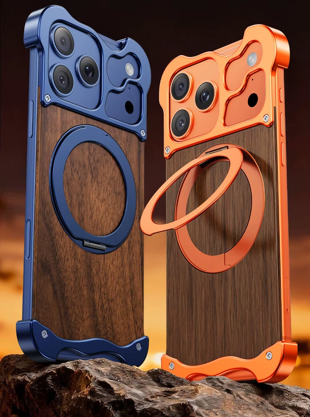 Premium iPhone Case MagSafe Compatible Magnetic Protective Cover Wood Back Aluminum Frame 360° Rotating Ring Stand Shockproof Camera Lens Protection Slim Design