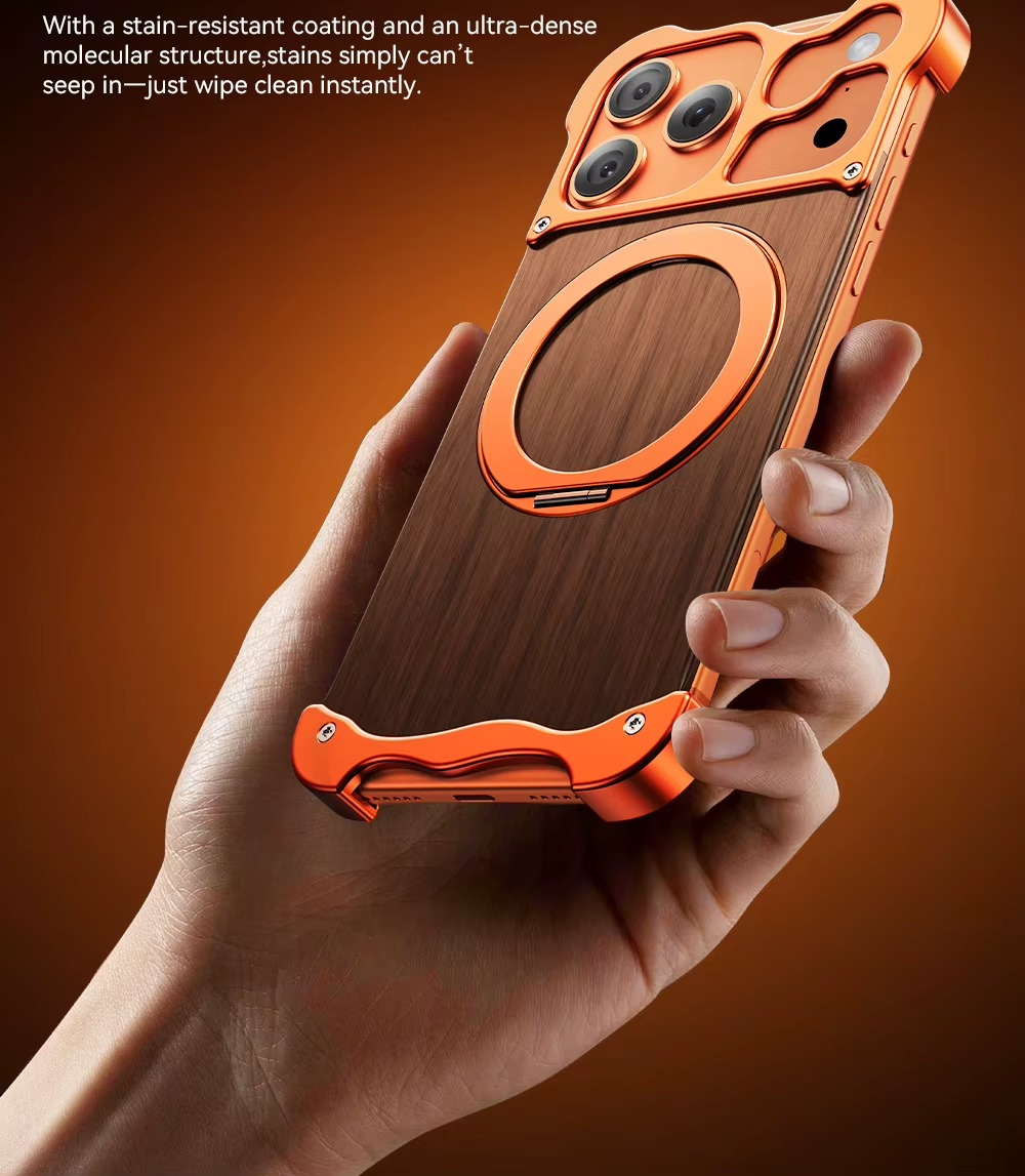 Premium iPhone Case MagSafe Compatible Magnetic Protective Cover Wood Back Aluminum Frame 360° Rotating Ring Stand Shockproof Camera Lens Protection Slim Design