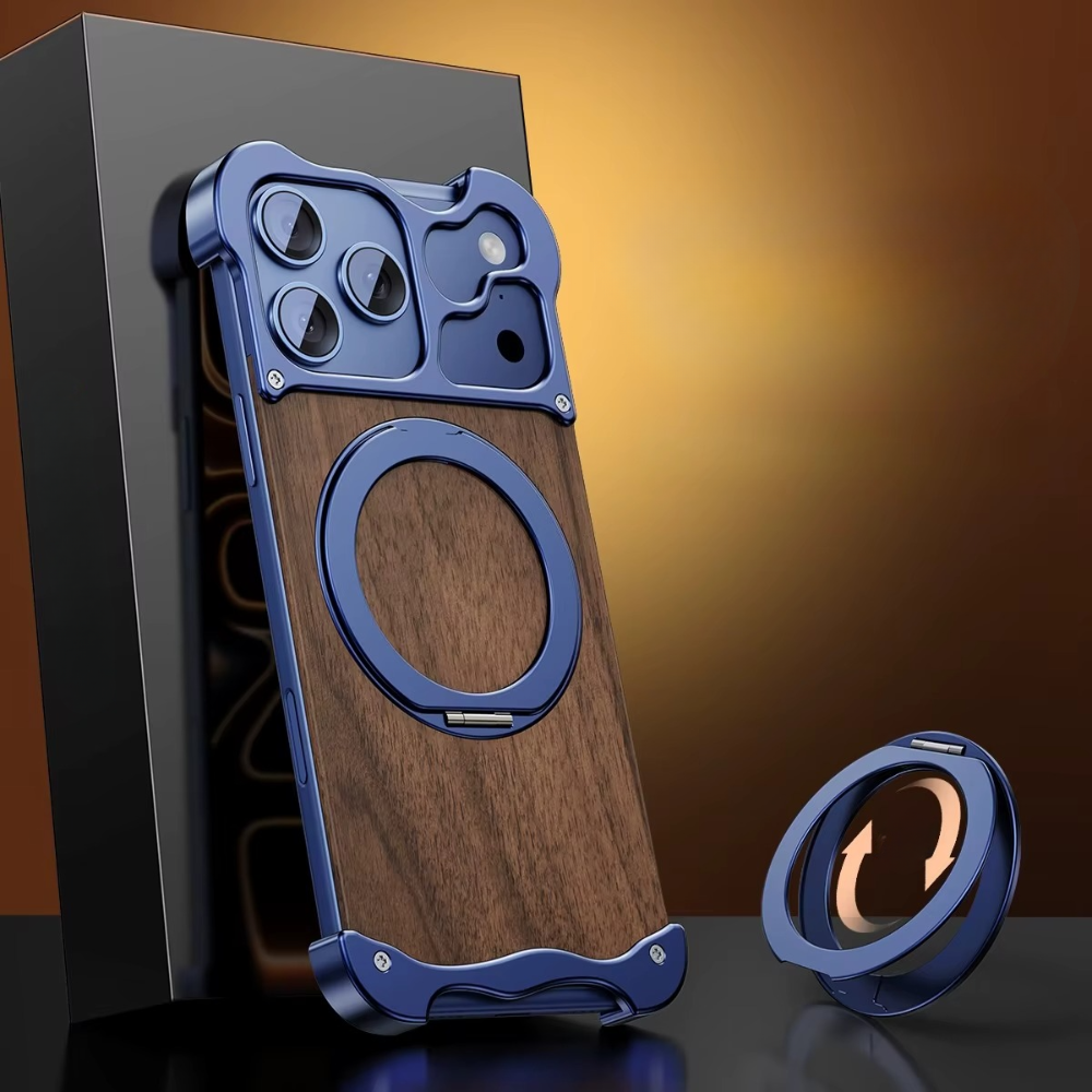 Premium iPhone Case MagSafe Compatible Magnetic Protective Cover Wood Back Aluminum Frame 360° Rotating Ring Stand Shockproof Camera Lens Protection Slim Design