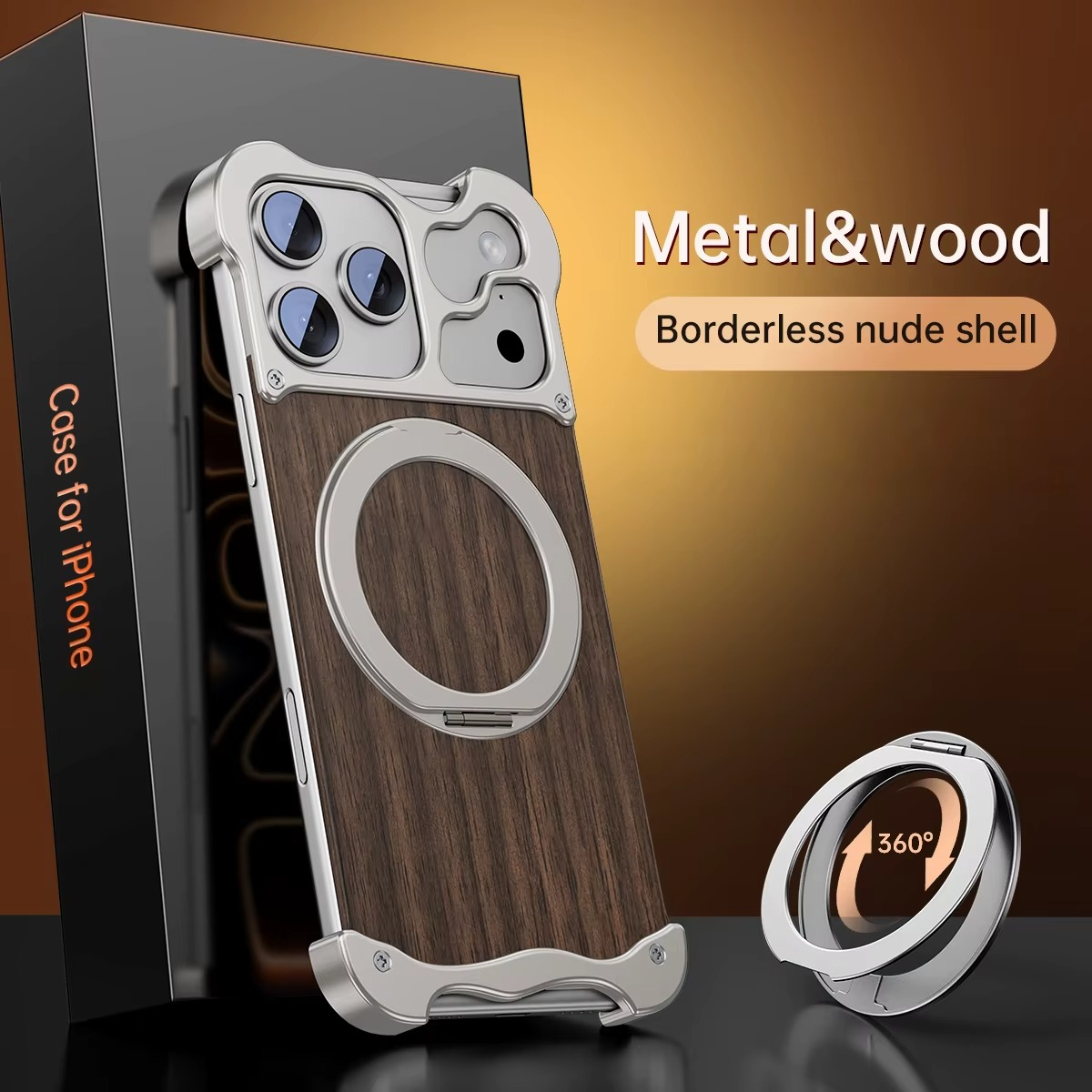 Premium iPhone Case MagSafe Compatible Magnetic Protective Cover Wood Back Aluminum Frame 360° Rotating Ring Stand Shockproof Camera Lens Protection Slim Design