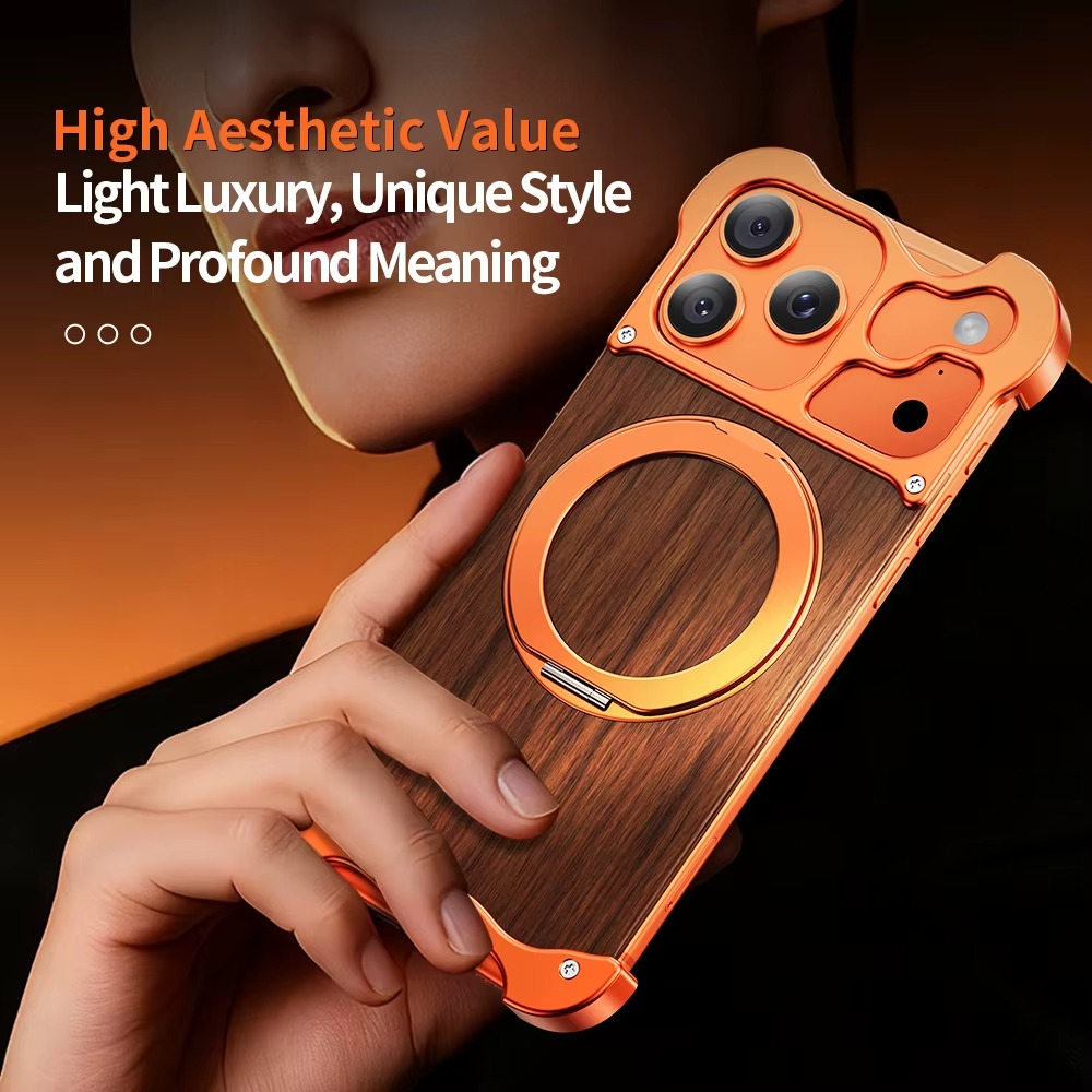 Premium iPhone Case MagSafe Compatible Magnetic Protective Cover Wood Back Aluminum Frame 360° Rotating Ring Stand Shockproof Camera Lens Protection Slim Design