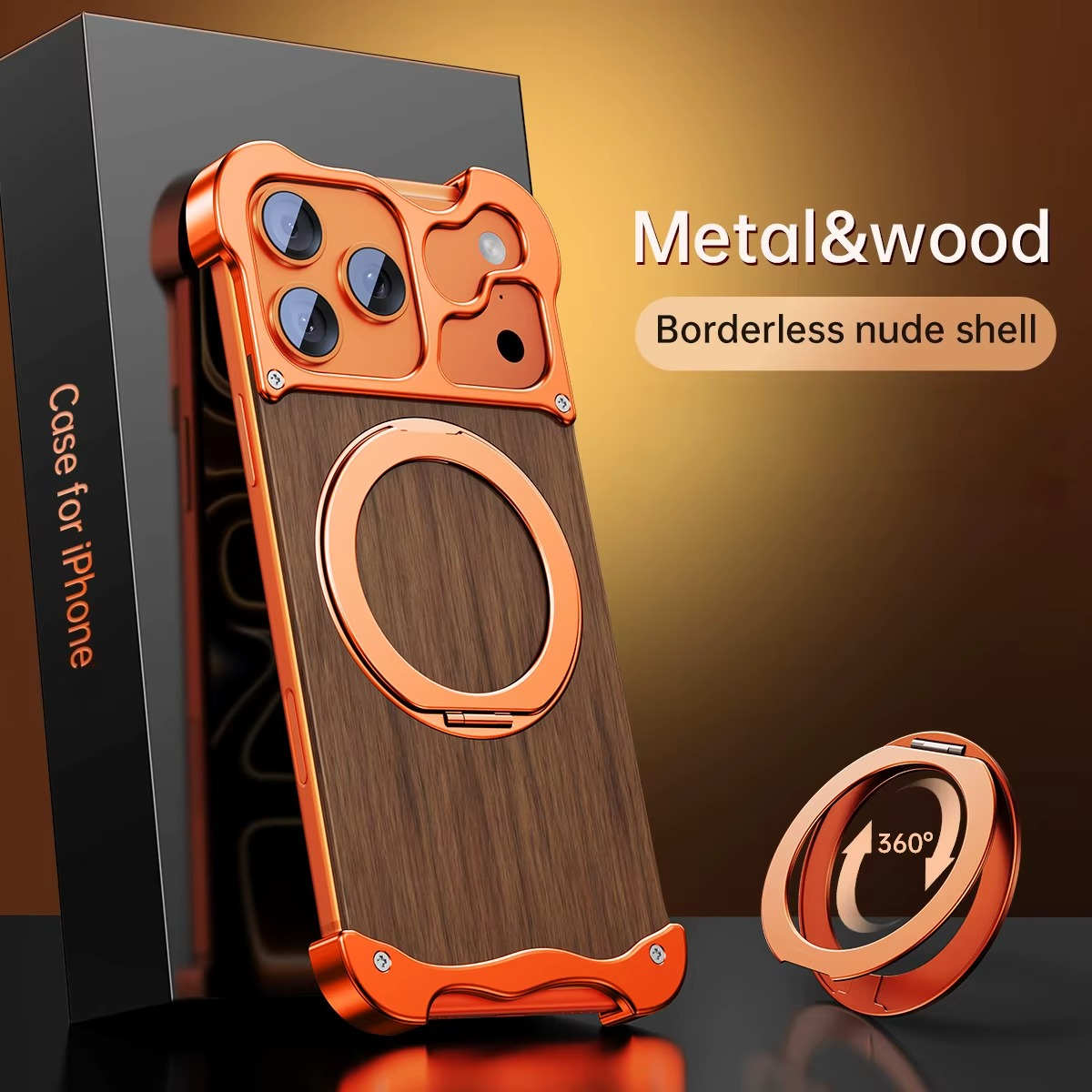 Premium iPhone Case MagSafe Compatible Magnetic Protective Cover Wood Back Aluminum Frame 360° Rotating Ring Stand Shockproof Camera Lens Protection Slim Design
