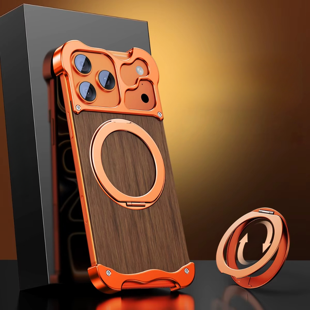 Premium iPhone Case MagSafe Compatible Magnetic Protective Cover Wood Back Aluminum Frame 360° Rotating Ring Stand Shockproof Camera Lens Protection Slim Design